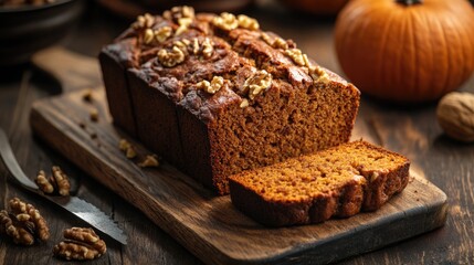 Fototapeta premium Deliciously Warm & Sliced Pumpkin Loaf: A Sweet Snack with Walnut Crunch, Perfect for Dessert Lovers