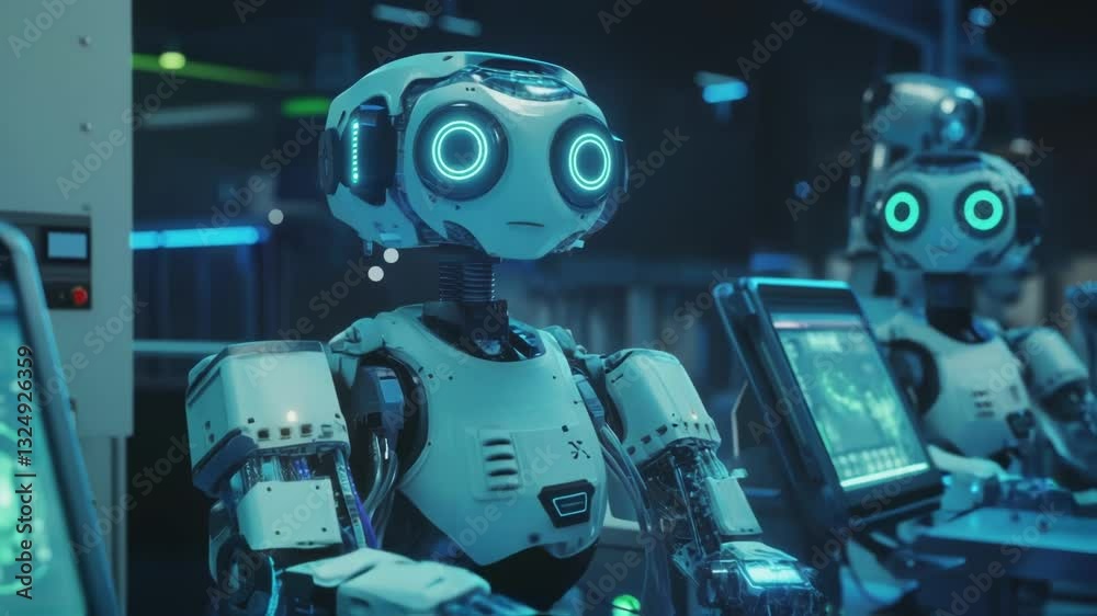 Poster advanced robots processing information on glowing computer screens in a futuristic laboratory, illus