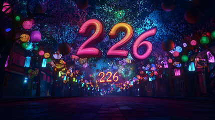 A Vibrant Nighttime Street Festival Celebration Illuminated With Colorful Lights And Decorations Featuring The Number 226