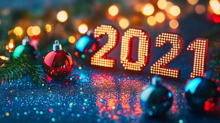 New Year digits 2021 and Christmas tree in tech style. 20 21 consist of neon dots or pixels on blue background. 2021 New Year card digital technological industry. Xmas computer holiday banner.