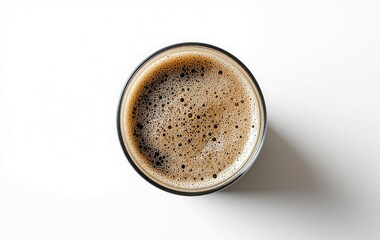 Dark Beer with Foam in Glass Overhead Shot on White Background
