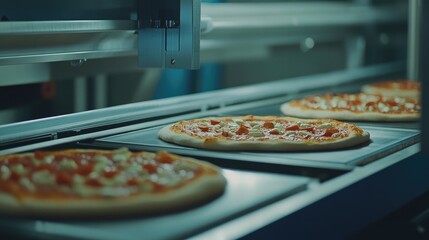 Robotic assembly line precisely placing toppings on frozen pizzas.