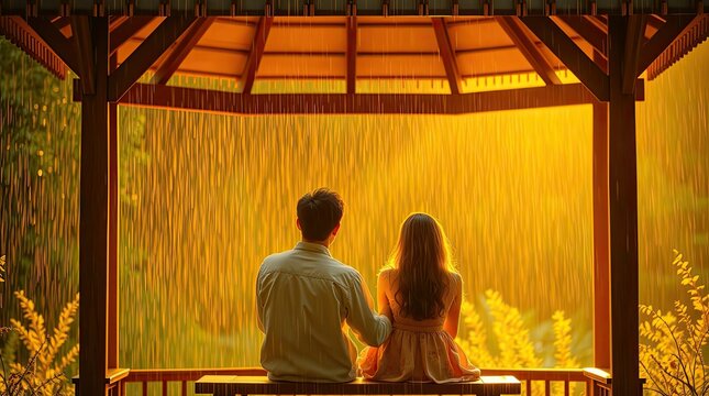 A couple sits closely together in a gazebo enjoying the tranquil ambiance created by gentle rain and a warm sunset glow illuminating the surroundings
