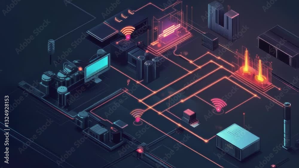 Poster complex network of interconnected buildings, sensors, and digital systems, representing a futuristic