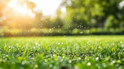 Obraz premium Green Grass Lawn with Sunlight Bokeh Background and Fresh Dew Drops on a Sunny Day