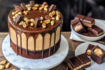 Chocolate Cake dripping with ganache, decorated with peanuts and Kit Kat, is waiting to be eaten