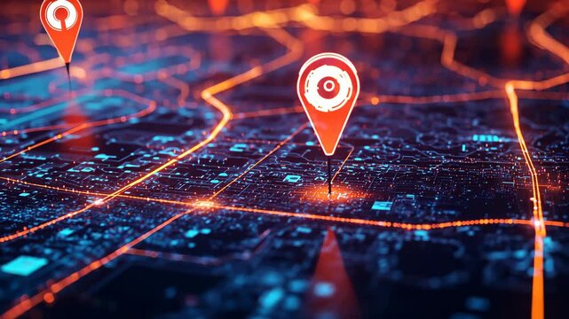 Futuristic navigation: glowing red location markers on digital city map