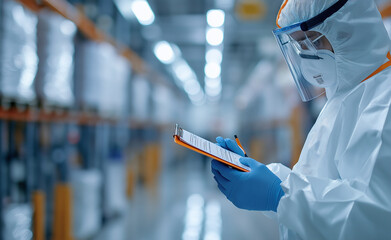 Warehouse worker in full protective gear inspecting inventory with a clipboard.