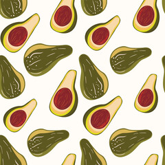 Cute avocado isolated on white background. Avocados with leaves and slice. Natural delicious fresh ripe tasty summer fruit. Vector illustration for packaging, card, other design. Food concept.
