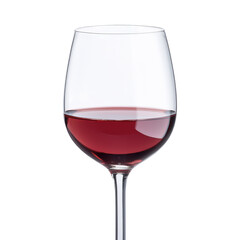 A wine glass filled with red wine, showcasing its elegant shape and rich color.