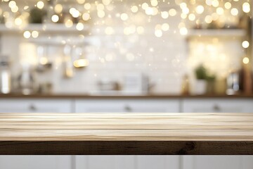 Empty wooden table in a blurred festive kitchen background.  Perfect for showcasing products or recipes.