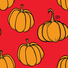 Seamless pattern with pumpkins on color background. Vector hand drawn sketched pumpkin. Autumn illustration for holidays, Halloween. Various food items in doodle style.