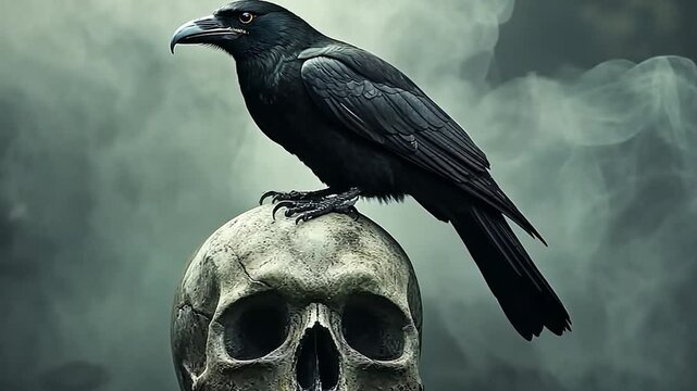 Raven on Skull: A Dark and Mysterious Still Life
