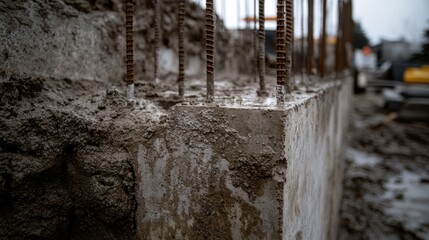 Steel reinforcement bars protruding from freshly poured concrete at an unfinished structure.