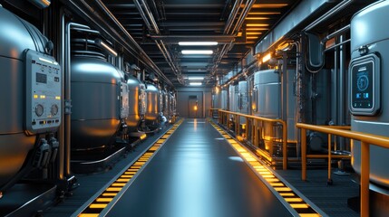 Obraz premium Synthetic chemical production facility with precision automated mixing tanks.