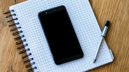 Top view of a smartphone with a black screen lying on a notebook, pen beside it.