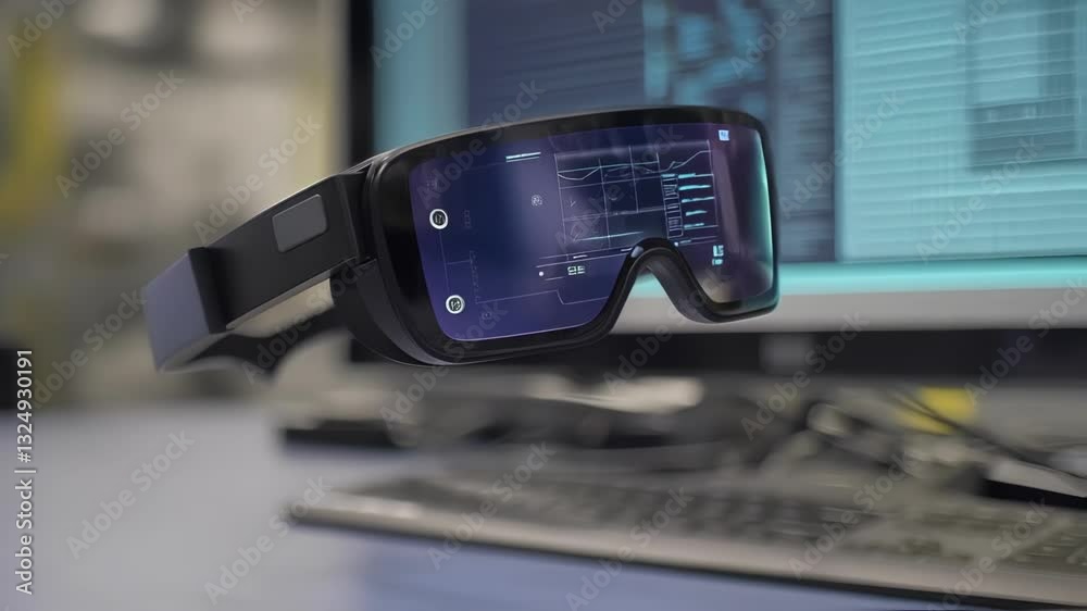 Poster smart glasses displaying data in an industrial setting, with a computer screen featuring code in the