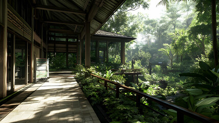 Green Forest Exterior With Wooden Structures And Lush Vegetation Under Sunny Daylight With Pathway