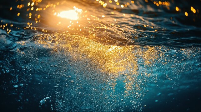 Underwater scene captures golden sunlight filtering through water, revealing vibrant fish and bubbles in deep blue ocean during serene twilight