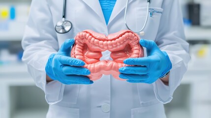 Doctor Holding Model of Digestive System in Medical Office for Gastrointestinal Education