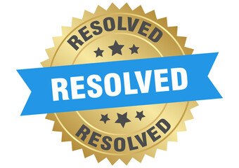 resolved. resolved round blue and gold label isolated on transparent background
