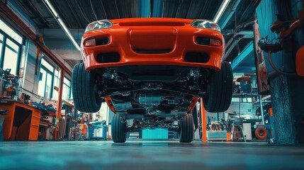 Undercarriage view of a lifted sports car in a high-tech auto repair shop.