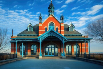 Naklejka premium Scenic View of Liberty State Park in the Heart of New Jersey, Showcasing Iconic Architecture Against a Bright Blue Sky