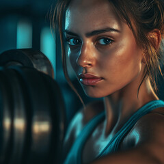 Close-up of an active woman lifting weights at the gym