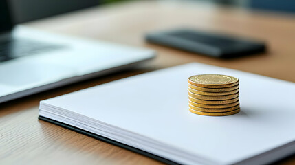 Golden Coins Stacked On White Notebook With Laptop And Smartphone On Wooden Table Office Workspace