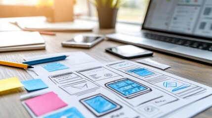 Workstation with mobile UI sketches, open laptop, and testing smartphone.