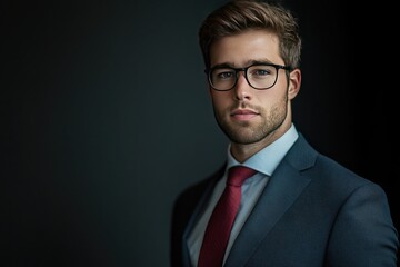 Stylish young man in a sharp suit with glasses exuding confidence against a dark backdrop