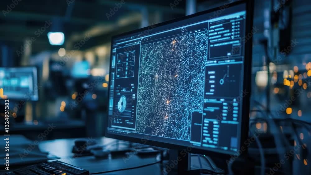 Poster in a dimly lit technological operations center, a computer screen displays a complex network data vi