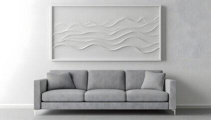 Modern gray sofa, white wall art