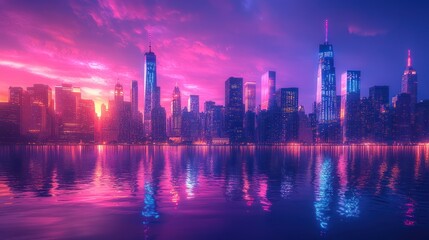Fototapeta premium Urban cityscape at sunset, glowing in deep magenta and electric blue reflections, cinematic angle