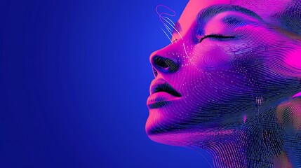 Serene Digital Woman Portrait, AI Art, Pink Blue Hues