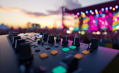 DJ mixer with knobs and sliders in focus, with a blurred festival crowd and stage lights in the background.