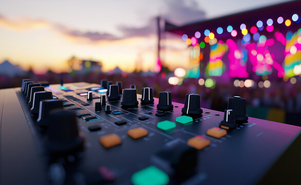DJ mixer with knobs and sliders in focus, with a blurred festival crowd and stage lights in the background.