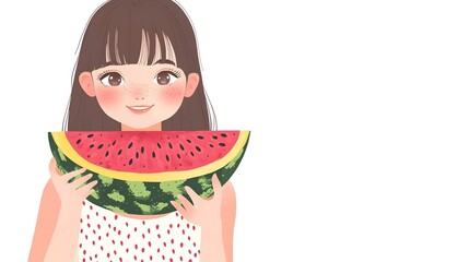 Cute Girl Eating Watermelon Isolated on White Background