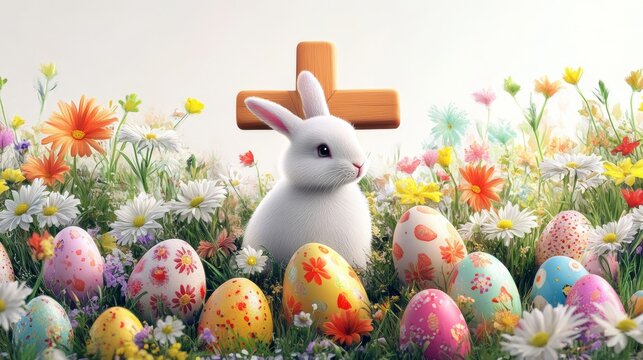 Easter bunny surrounded by colorful eggs and flowers with a wooden cross in a serene garden setting