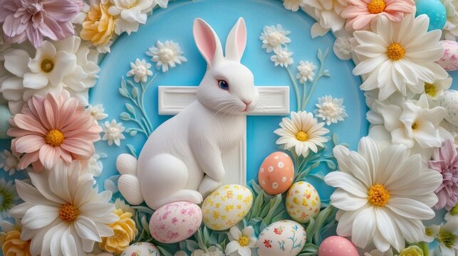 Easter bunny surrounded by colorful eggs and flowers with a wooden cross in a serene garden setting