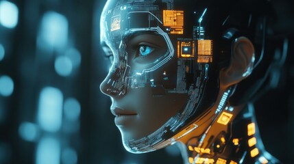Fototapeta premium Futuristic cyborg woman with digital circuit skin, a symbol of advanced technology