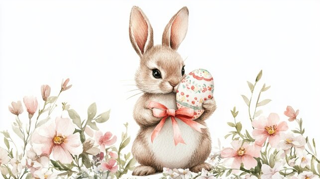 Hand-painted watercolor bunny holding a decorated Easter egg, surrounded by spring flowers and a coquette ribbon, soft pastel colors, white background