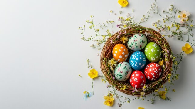 Photo of hand painted colorful easter eggs in a basket with first spring flowers on white background, top view