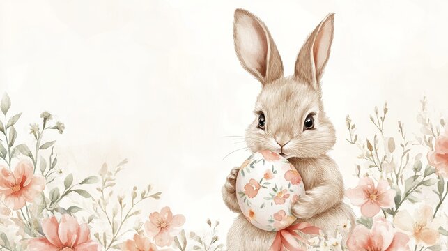 Hand-painted watercolor bunny holding a decorated Easter egg, surrounded by spring flowers and a coquette ribbon, soft pastel colors, white background