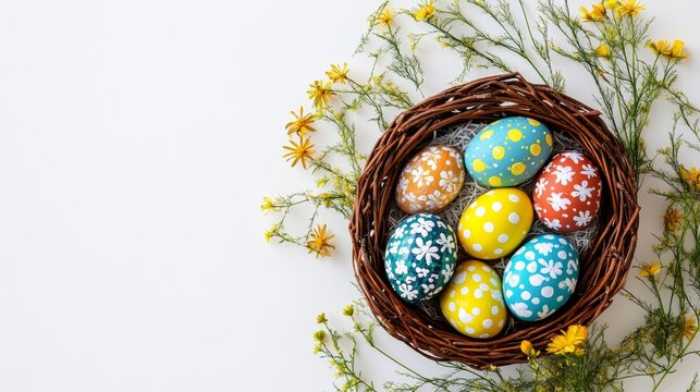 Photo of hand painted colorful easter eggs in a basket with first spring flowers on white background, top view