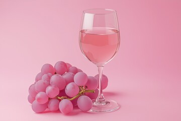 A glass of pink wine next to a bunch of fresh pink grapes on a pink background.