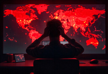 Silhouette of a man in dark room holds his head in panic watching a red world map that shows wars, geopolitical tension, global crises, international conflicts, epidemics, missile attacks, big danger