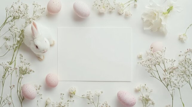 Easter-themed blank white card mockup surrounded by small Easter eggs and delicate flowers on the edges, white background, top view