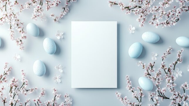 Easter-themed blank white card mockup surrounded by small Easter eggs and delicate flowers on the edges, white background, top view