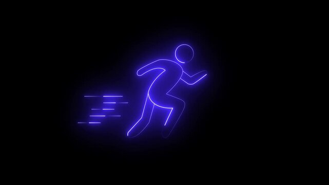 Pictogram of a running man on black background , Running neon sign appear in center and disappear after some time.